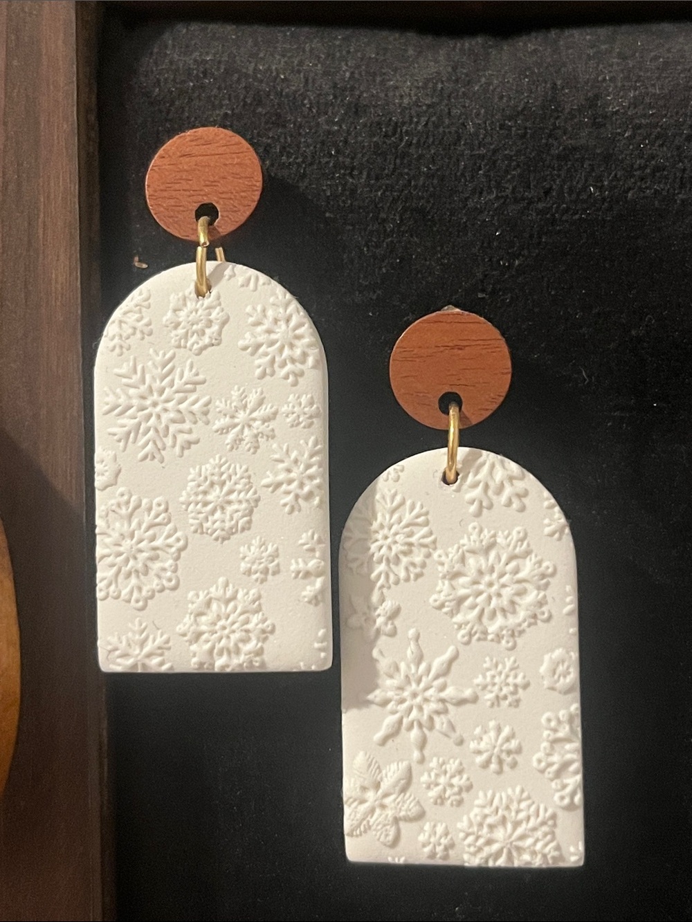 Hand Crafted White Snowflake Arch Earrings with Brown Top Discs